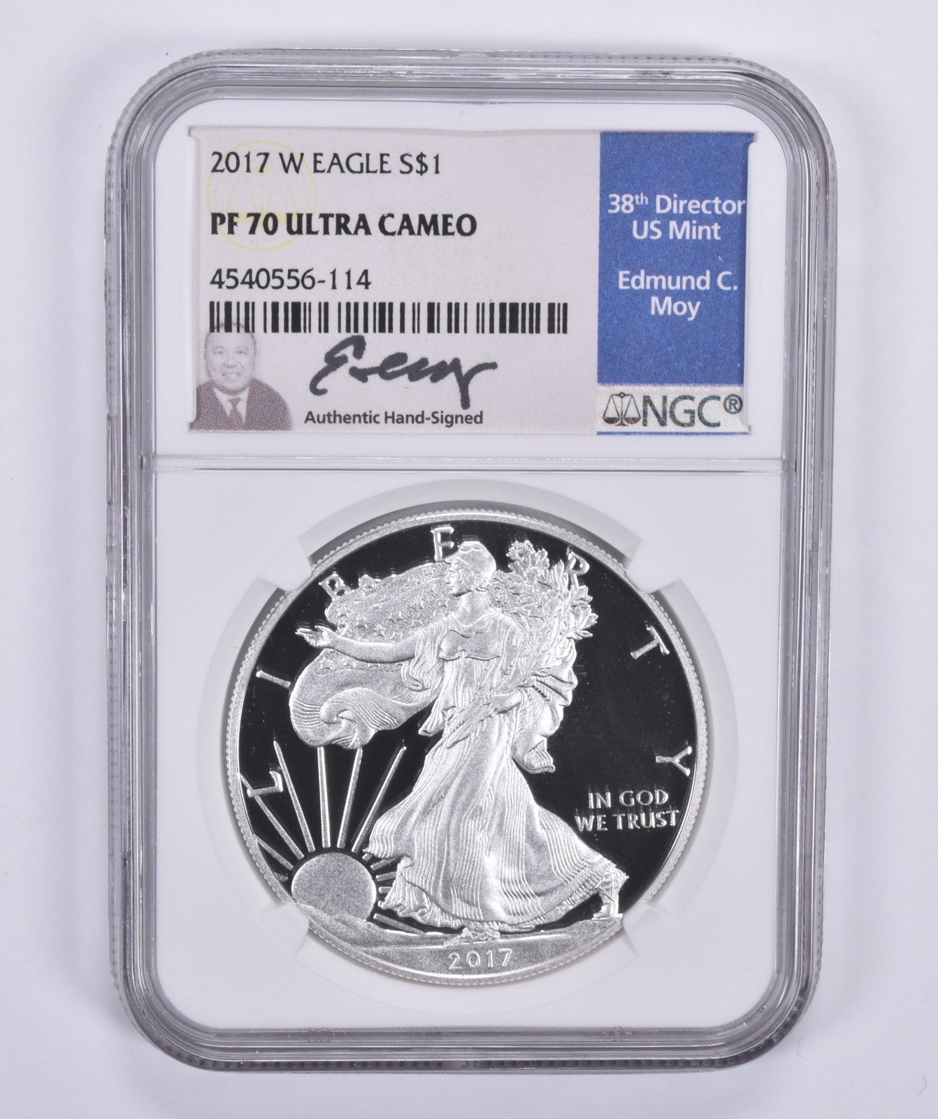 2017-W American Silver Eagle Proof PF70 UCAM NGC Signed Edmund C. Moy