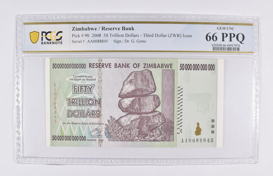 Authentic 2008 Zimbabwe 50 Trillion Dollars, P-90, PCGS 66 PPQ Gem UNC